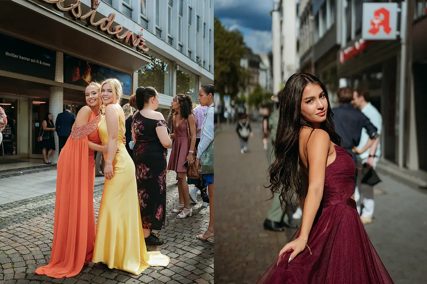 Absolventinnen vor dem Kino und eine Absolventin im Abendkleid in der Innenstadt, IAF Abschlussfeier 2024 in Köln